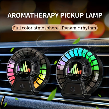 Smart voice control car aromatherapy diffuser with dynamic rhythm light and fragrance dispenser. Includes auto-play music sync and compressed scent tablet.