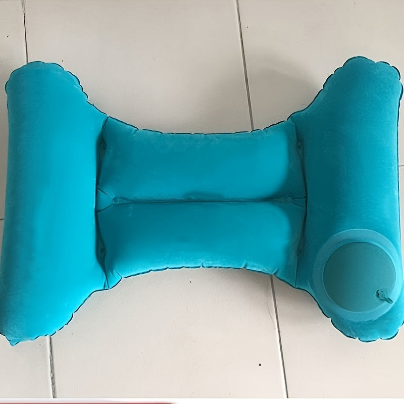 Inflatable travel waist pillow for lumbar back support during long journeys by air, car, bus, train, or in office or home.