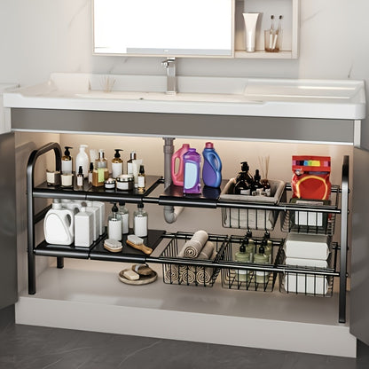 Modern black metal storage rack set with removable baskets for kitchen and bathroom organization. Multi-tier design for efficient space utilization.