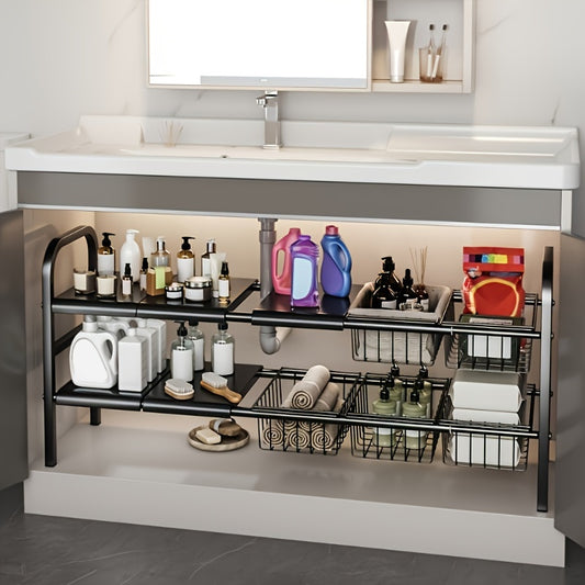 Modern black metal storage rack set with removable baskets for kitchen and bathroom organization. Multi-tier design for efficient space utilization.