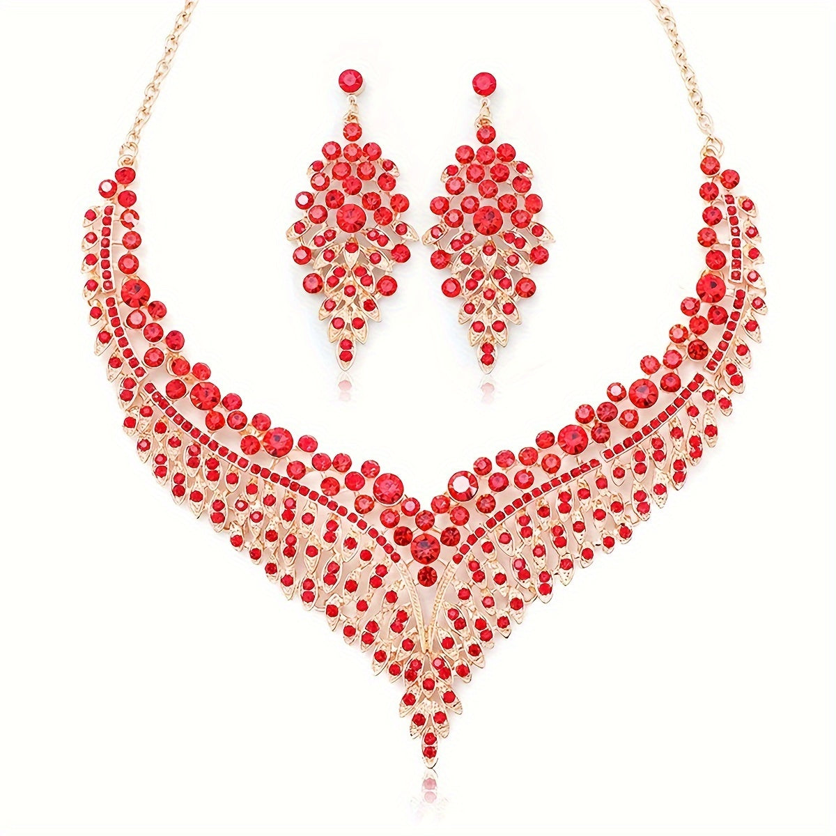 Luxurious 3-Piece Rhinestone Jewelry Set in 14K Gold Plated Zinc Alloy featuring Necklace and Earrings Combo, adorned with Synthetic Stones. This Sexy Vintage Style set is perfect for women, suitable for various occasions such as Weddings, Mardi Gras