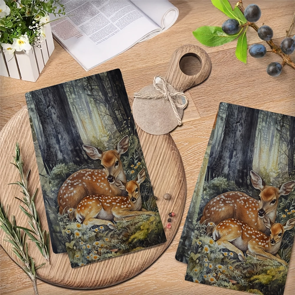 Set of 2 Coastal Style Kitchen Towels featuring a Contemporary Polyester Knit Fabric. These towels are Super Absorbent, Machine Washable, and measure 40.64x60.96 cm. They are Decorative Dish Hand Towels with a Serene Deer and Fawn Design.