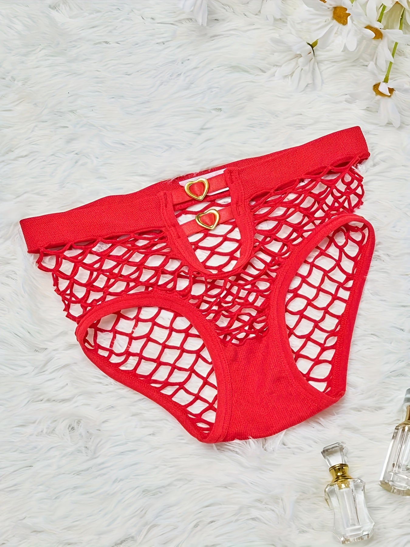 Heart-shaped mesh brief with hollow-out design, low waist panties for women's lingerie.