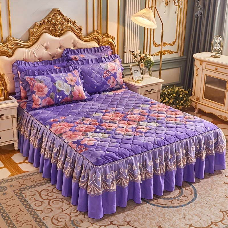 Experience a cozy sleep with our luxurious Crystal Velvet Bed Skirt Set. This 3-piece set includes pillowcases with a beautiful floral design. Machine washable for easy care, it provides a comfort fit with non-slip technology and full coverage.