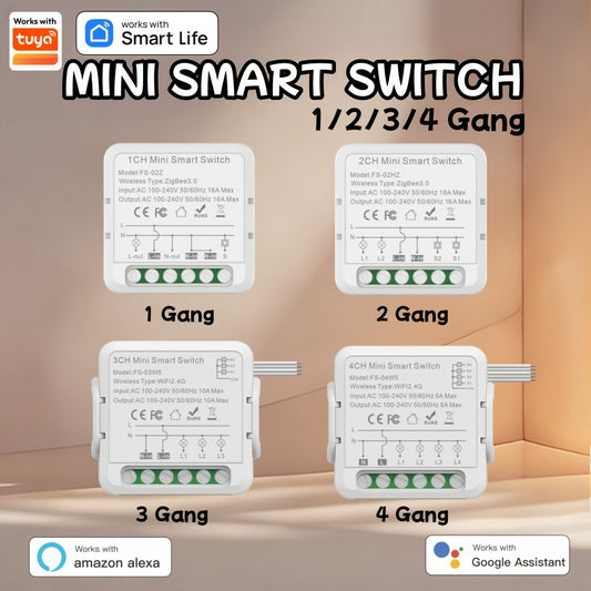 WiFi Mini Smart Switch with Voice & App Control, Timer Function, No Hub Required, Compatible with Alexa/Google Home, Available in 1/2/3/4 Gang options.