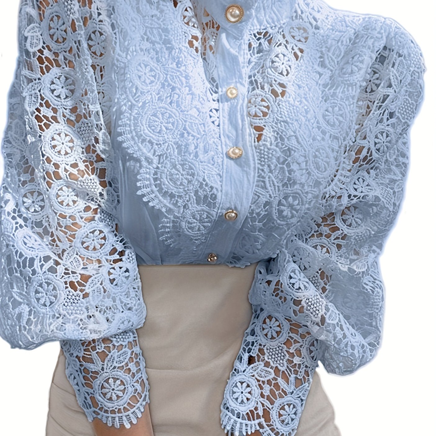 Victorian lace blouse with pearl buttons and intricate floral patterns, suitable for casual or semi-formal events.