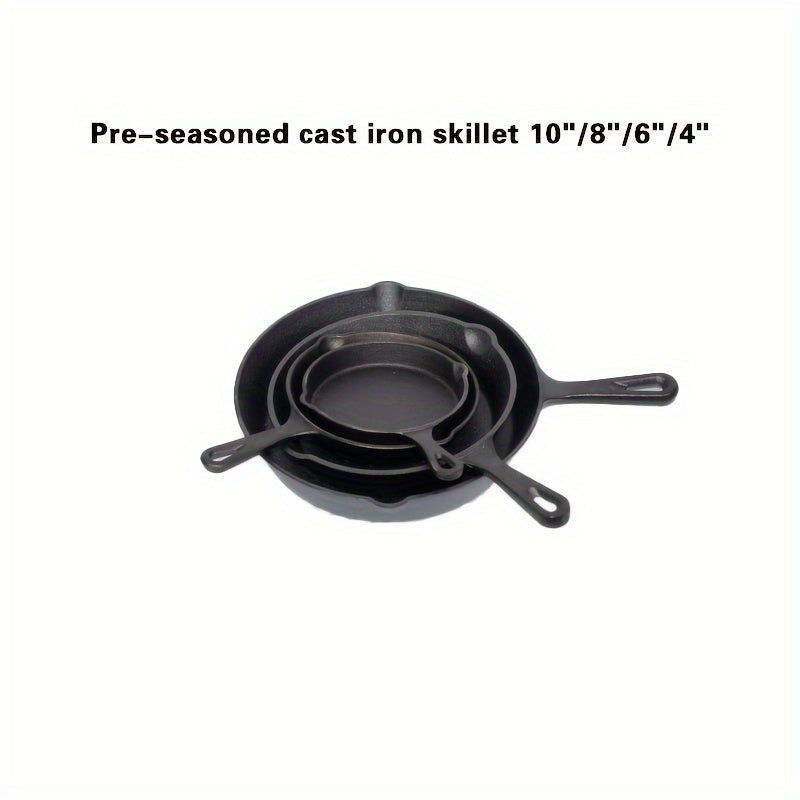 This 4-Piece Set of Cast Iron Skillets is Pre-Seasoned and Must be Hand Washed. Suitable for Indoor and Outdoor Use, Compatible with Grill and Stovetop. Set includes Chef Sizes 25.4cm, 20.32cm, 15.24cm, and 10.16cm with Cast Iron Handles.