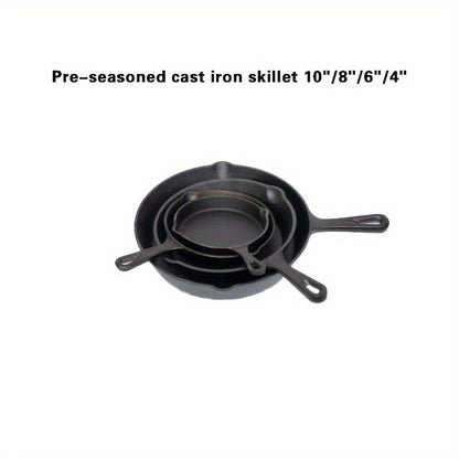 This 4-Piece Set of Cast Iron Skillets is Pre-Seasoned and Must be Hand Washed. Suitable for Indoor and Outdoor Use, Compatible with Grill and Stovetop. Set includes Chef Sizes 25.4cm, 20.32cm, 15.24cm, and 10.16cm with Cast Iron Handles.