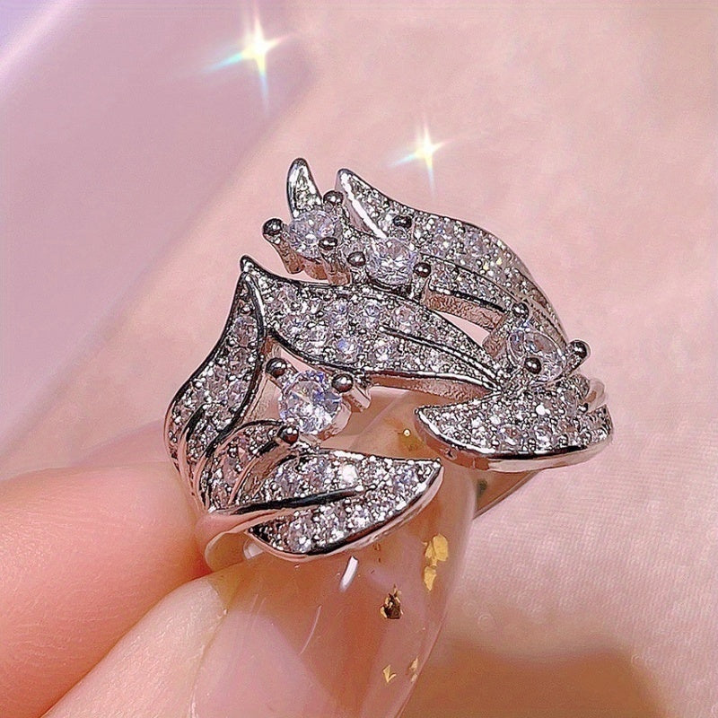 Casual Accessories - Women's 925 Silver Plated Micro Pave Zirconia Flower Leaf Rings Designed for Personality Fashion