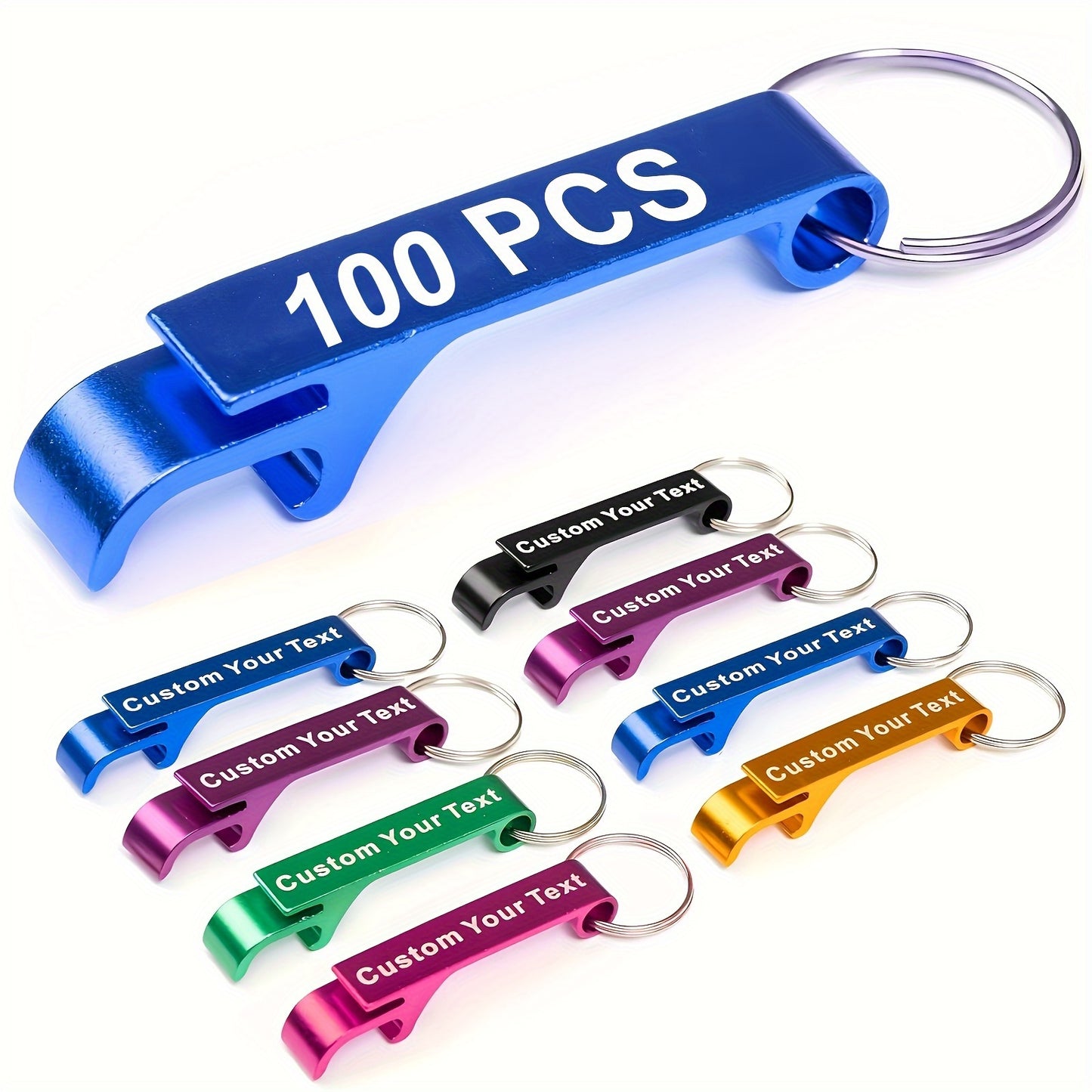 100 customizable metal bottle opener keychains, perfect for picnics and parties. Durable and portable, no power needed.