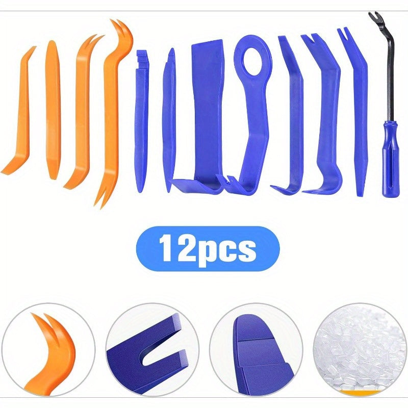 12 piece set of car lever tools for disassembling car interiors, audio systems, and decorative elements.