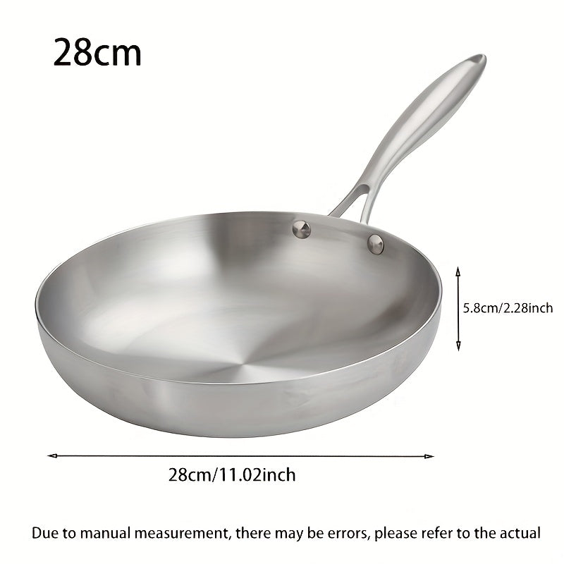 Three sizes of Premium Stainless Steel Frying Pan with Tri-Ply Base for Even Heat Distribution, featuring an Ergonomic Handle and Non-Stick Coating - Suitable for All Stovetops, Easy to Clean.