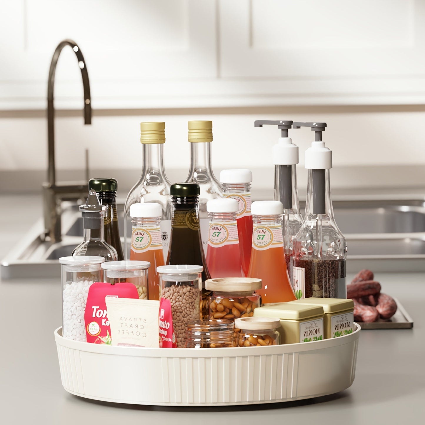 360° Rotating Kitchen Organizer Tray in White - Versatile Storage for Spices, Condiments, and Cosmetics - Perfect for Countertops and Pantry Organization, Convenient Tray for Kitchen Counter