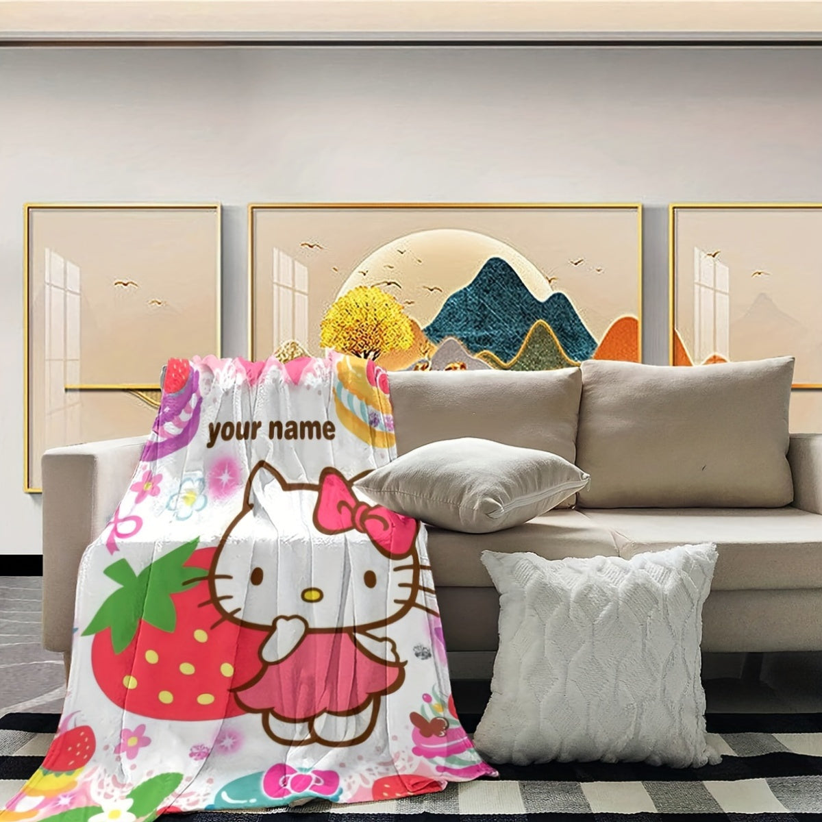 Decorate your space with this adorable Cartoon Hello Kitty Customized Blanket! Made from soft and cozy flannel, this blanket is perfect for keeping you warm and comfortable in any season. It's also a great gift idea for Hello Kitty fans. Add a touch of