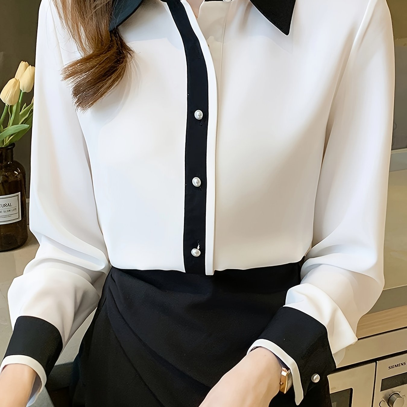 Contrast Trim Button Up Shirt for Women, Long Sleeve, Casual and Versatile for Spring & Fall