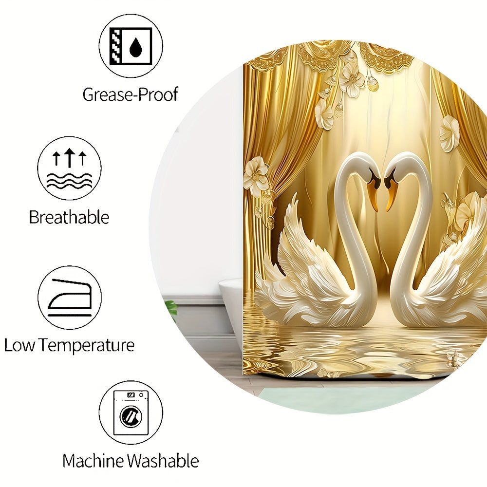 Golden 3D Swans Bathroom Set: Includes Free Hooks, Curtain, Mat, Seat Cover, And Rug - Ideal for Valentine's Day or year-round romance