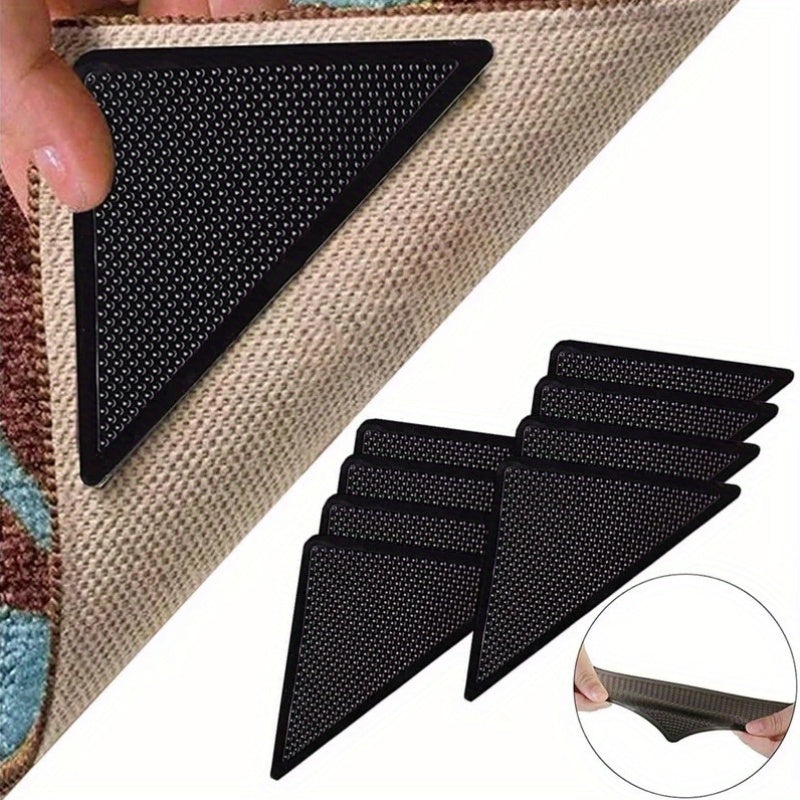 Triangle-shaped Rug Gripper Set of 4/8 Pieces - Washable, Anti-slip, Reusable Rubber Mats with Non-slip Patch Tape for Securing Tile Floors, Carpets, and Corners