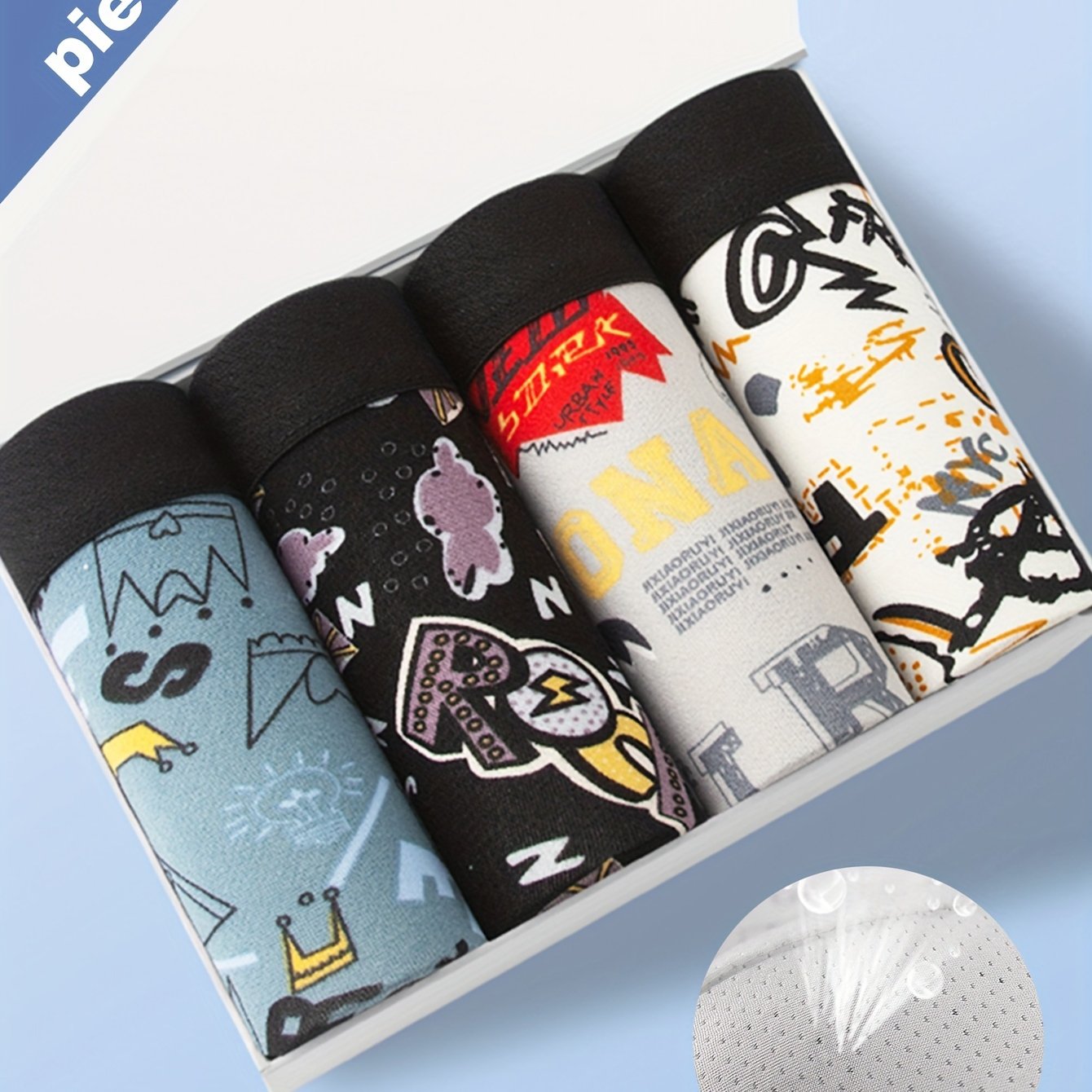 Men's 4 pack of boxer briefs with random print design, ideal for everyday wear. Casual, breathable, and stretchy.