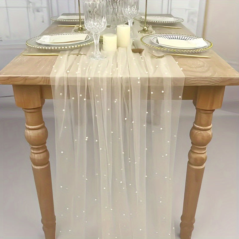 Enhance the ambiance of your special events with our Romantic Pearl Lace Table Runner. Perfect for weddings, bridal showers, and more, this elegant decoration is crafted from embroidered sheer chiffon tulle that is wrinkle-free for a luxurious look.