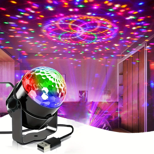 USB powered disco ball lamp set with RGB LED lights and music rhythm control. Polished finish countertop magic ball for flashing indoor DJ lighting in various room types. Made of plastic, no remote control.