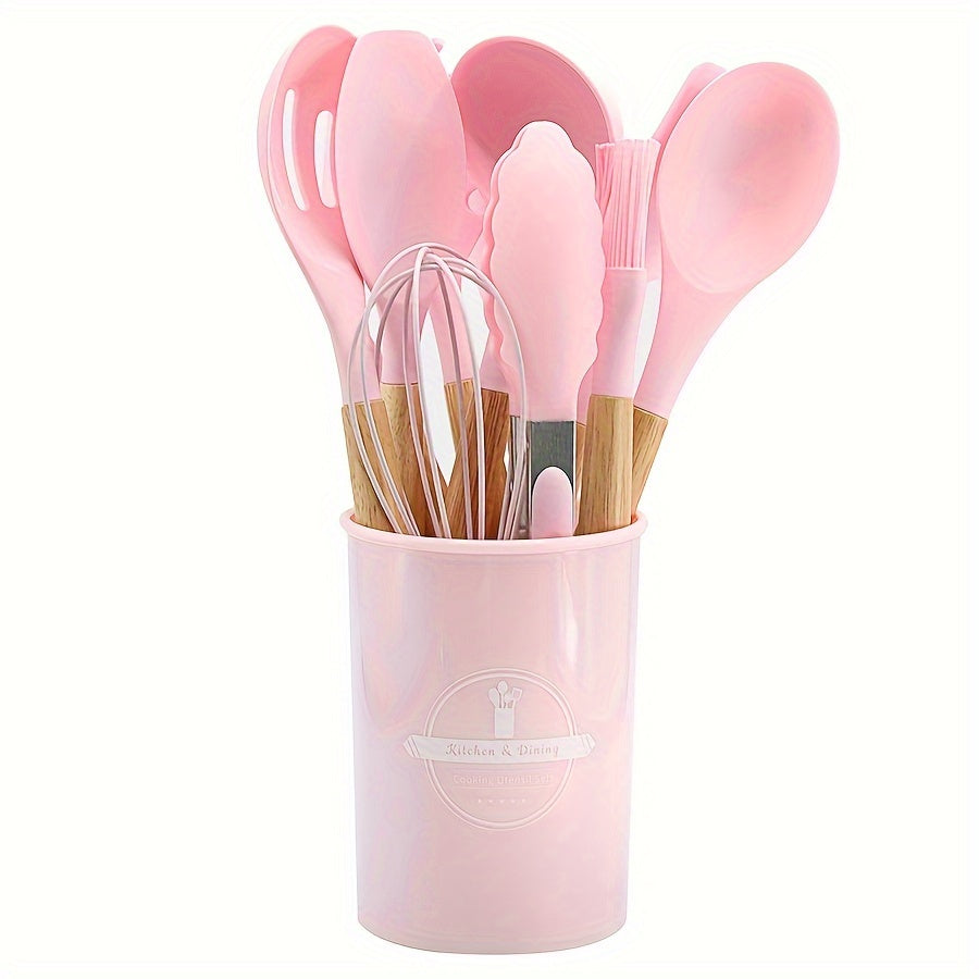 Set of 11/12 pieces Kitchenware with Wooden Handles, including Silicone Non-stick Pot, Cooking Shovel, Spoon, Storage Bucket, and Non-stick Shovel. An essential collection of high-quality kitchen utensils and items.