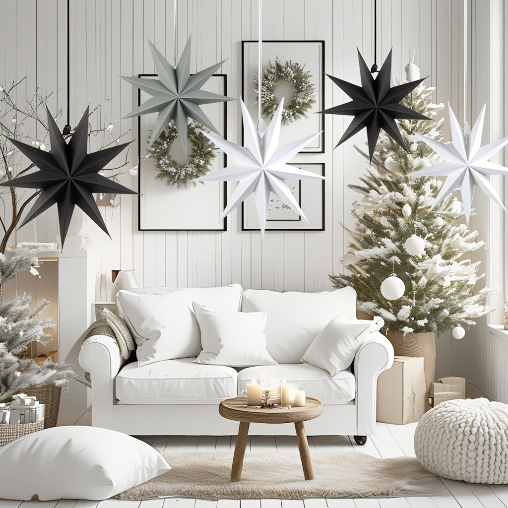 3 black, grey, and white 3D paper star lanterns, each measuring 30.48cm, ideal for Christmas and Xmas party decorations indoors.