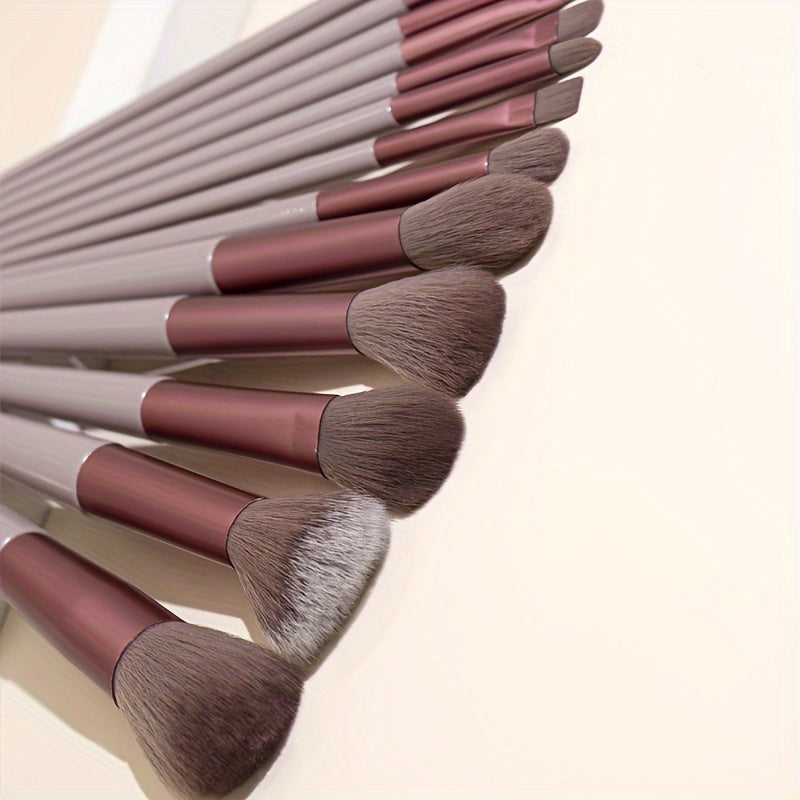 13 piece soft bristle makeup brush set in cream brown with pink & gray handles. Includes powder, blush, eyeshadow, and highlight brushes. Quick-dry, portable, and suitable for all skin