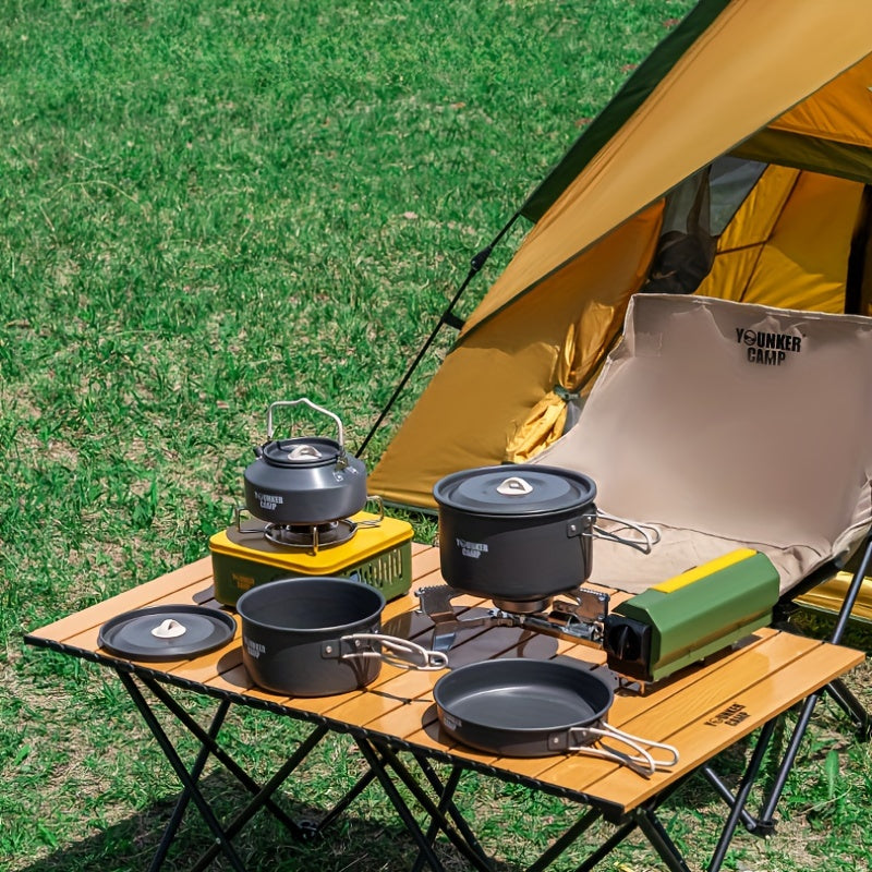 Experience the great outdoors with the YOUNKER CAMP 12-Piece Camping Cookware Set. This aluminum lightweight portable set includes camping pots and pans complete with a stove, perfect for hiking, picnics, and more. Made from food-grade materials with