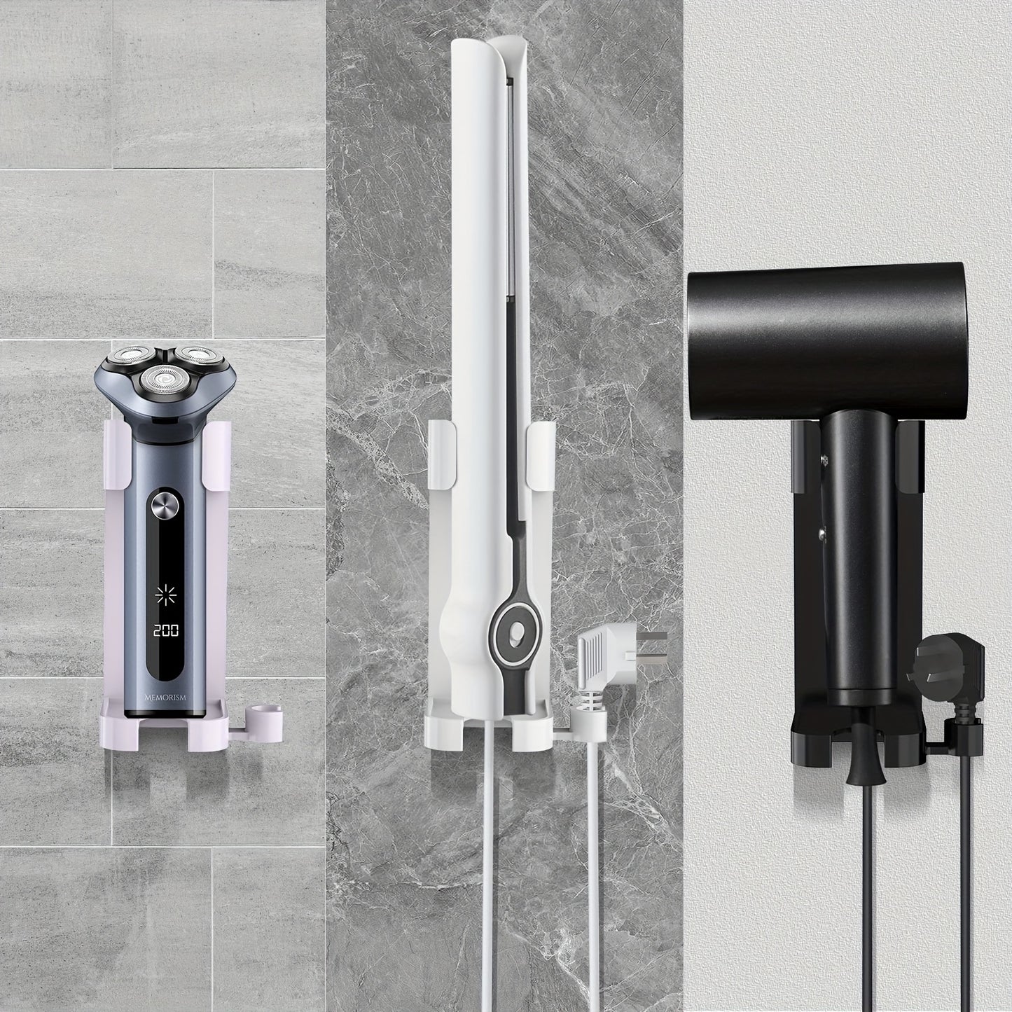 Plastic bathroom organizer rack with no metal pipes for storing curling iron, hair dryer, and electric toothbrush.