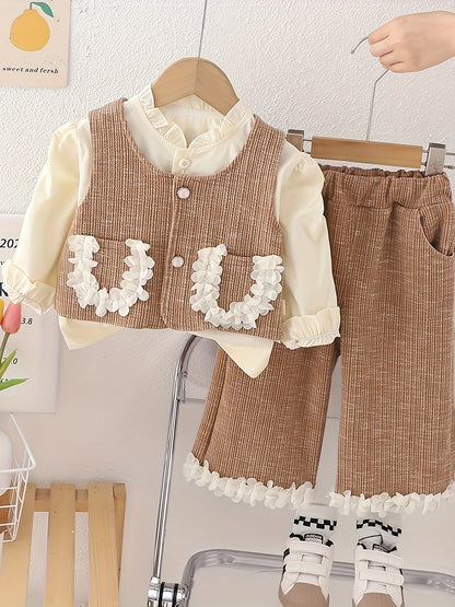 Girls' Autumn Outfit: Shirt, Vest with Lace Pockets, Trousers Set