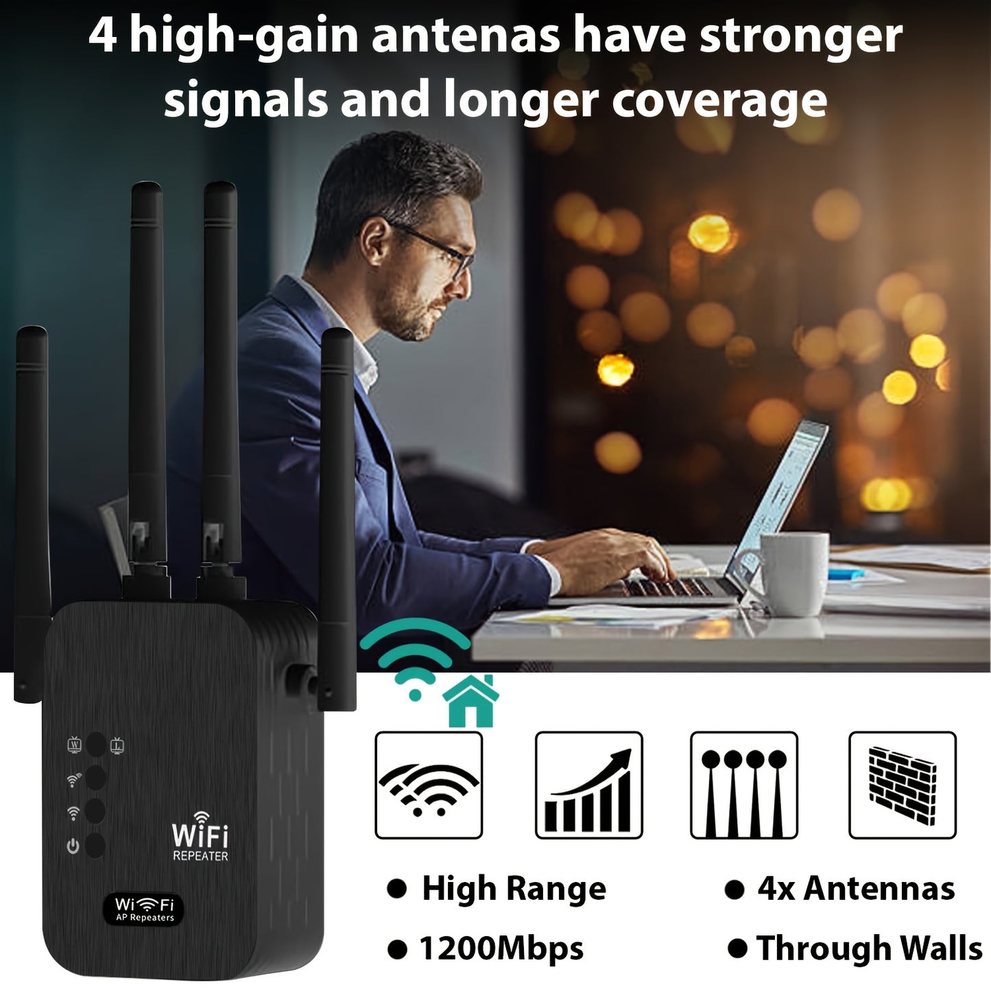 2024 WiFi Booster: 6x stronger, 1200Mbps, dual bands, up to 8500 sq ft, strong signal, 35 device support, easy setup, full coverage with 4 antennas, includes Ethernet port.