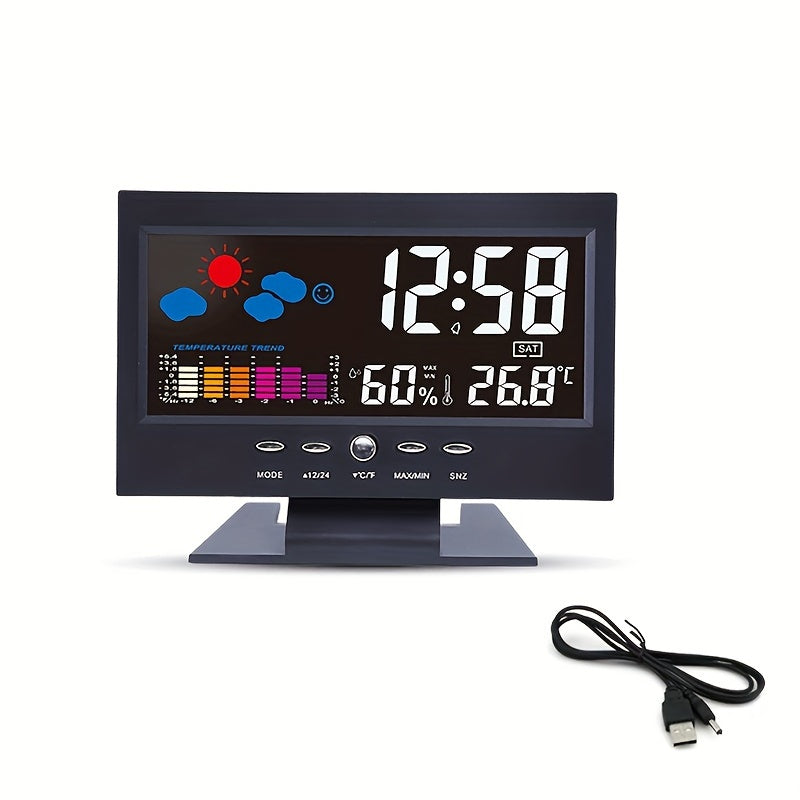 Voice controlled digital weather clock with backlight, temperature, humidity, and weather forecast. Includes USB cable, battery not included.