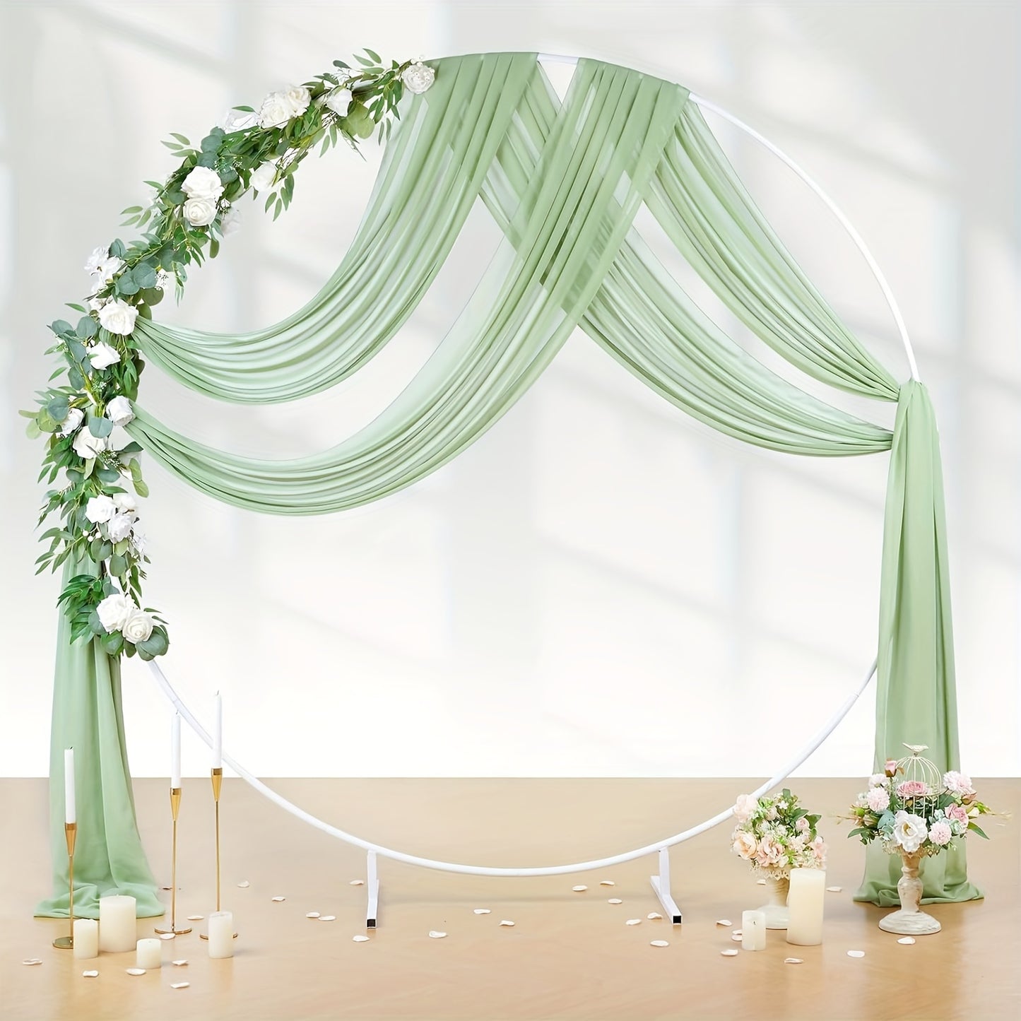 Polyester sheer fabric draping panel for wedding arch, backdrop curtain voile drapery for woodland ceremony, party decor, outdoor reception table runner.