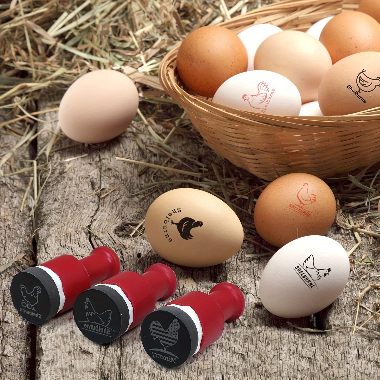 Customizable round hard rubber egg stamp for fresh eggs, personalized farm fresh stamp for chicken and duck eggs, durable kitchen gadget.