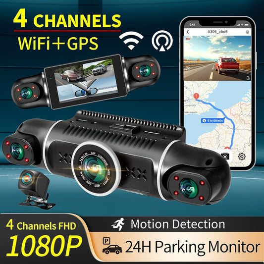 Wireless 4-channel GPS dash cam with 24-hour parking mode and memory card, recording 360° front, left, right, and rear views.