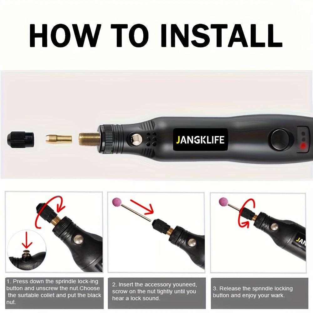 Compact rotary tool set with case includes attachments, flexible shaft, and three-speed rotary tool for crafting and DIY projects.