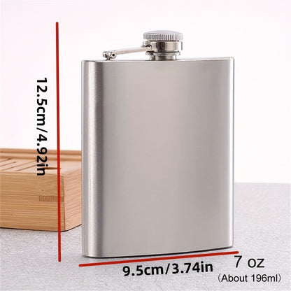 Portable stainless steel hip flask for alcohol, with screw cap and pocket-sized design for outdoor use.