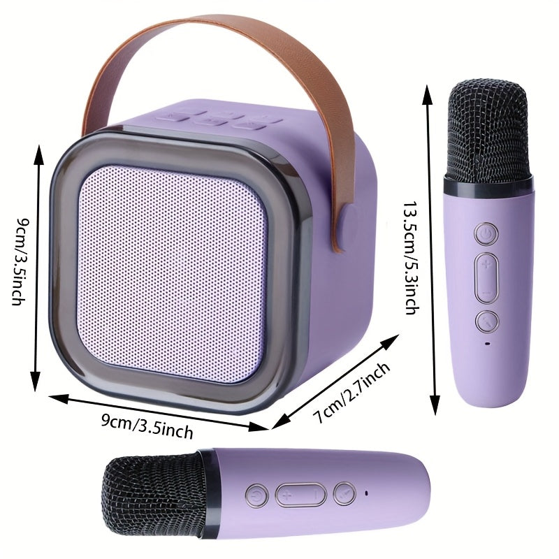 Portable adult karaoke machine with 2 wireless microphones, RGB lighting, TF card/USB support, gift box packaging in purple/black. Compatible with all smartphones.