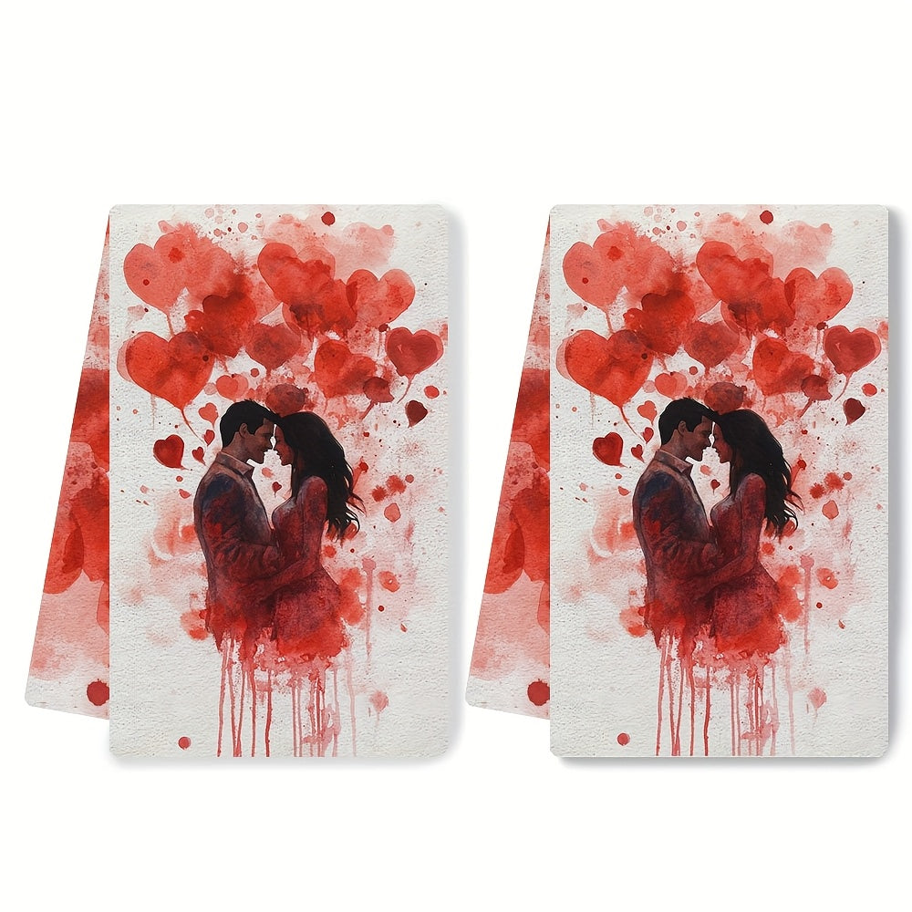 Set of 2 Romantic Love-Themed Kitchen Towels - Made of Ultra Soft & Highly Absorbent Polyester, Perfect for Drying Dishes - Machine Washable, Size 40.64x60.96 cm - Great Addition to Valentine's Day Decor featuring Heart Splatter Design