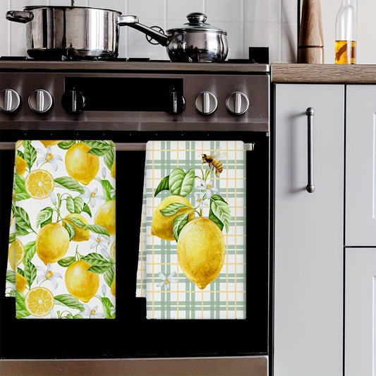 Set of 2 Lemon Print Kitchen Towels - Made with Ultra-Soft Microfiber, Featuring Decorative Plaid and Watercolor Fruit Designs Perfect for Cooking, Baking, and Bathroom Cleaning