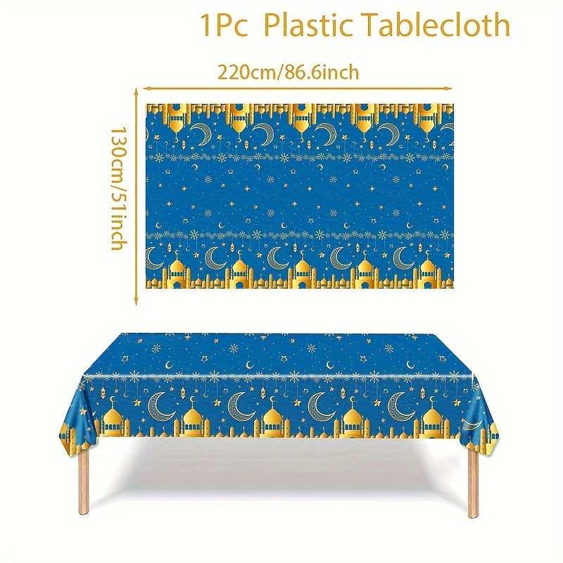 Eid Mubarak plastic table cover for Ramadan parties, 220x130cm, machine-made weave, perfect for Eid Al-Fitr celebrations.