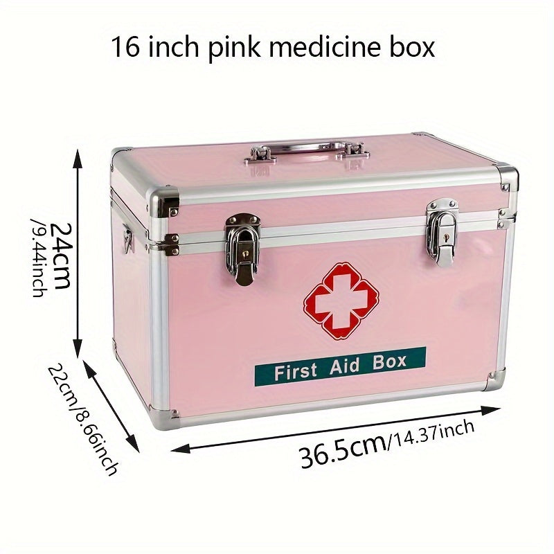 Portable aluminum first aid kit with multiple storage layers for indoor and outdoor use.