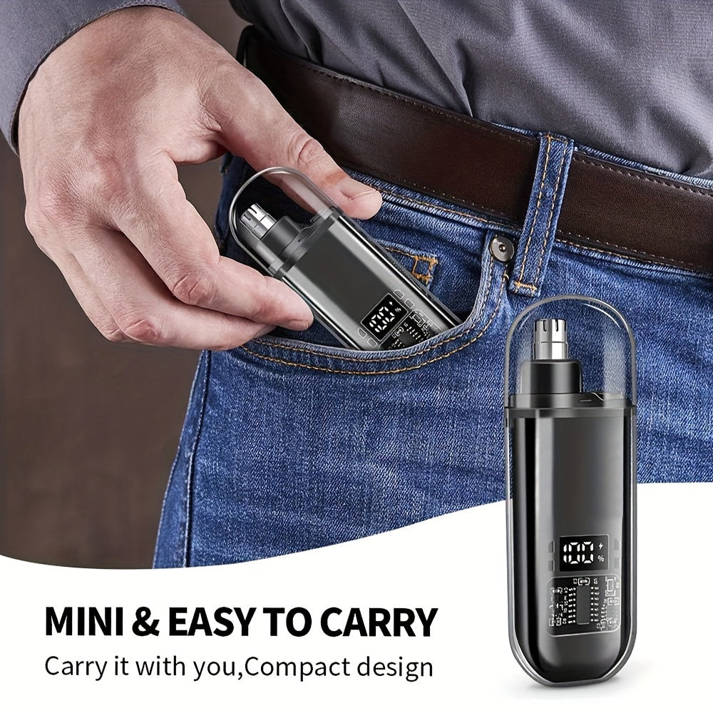 Men's USB rechargeable nose and ear hair trimmer with mini compact design. Fast charging via computer and car USB interface. Suitable for ages 14+. Made of plastic.