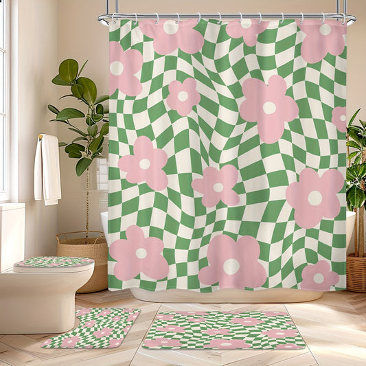 Waterproof polyester shower curtain with pink and green floral checkered design. 152.4x182.88 cm, includes hooks, machine washable. Ideal for teen bathroom decor. Provides shower privacy and vibrant bathroom decor. Easy to install.