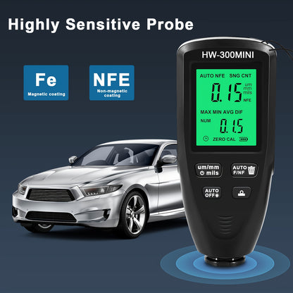 Shawty Automotive Paint Thickness Gauge is a high-accuracy meter with ABS clear display and auto substrate identification, powered by non-rechargeable AAA battery, making it ideal for used