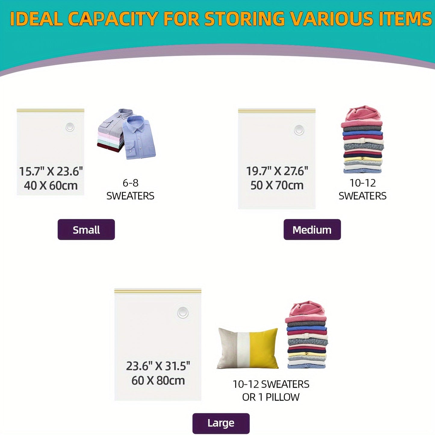 Set of 8 Vacuum Storage Bags that measure 39.88*59.94cm. These bags are compatible with all types of vacuum cleaners and can be used to store clothes and bedding, saving space and keeping them dustproof.