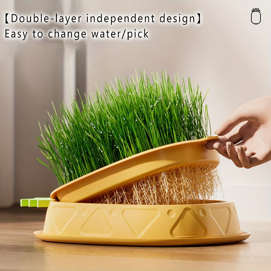 Modern plastic cat grass tray with two separate layers, polished finish, and multiple components for growing grass and malt for pets.