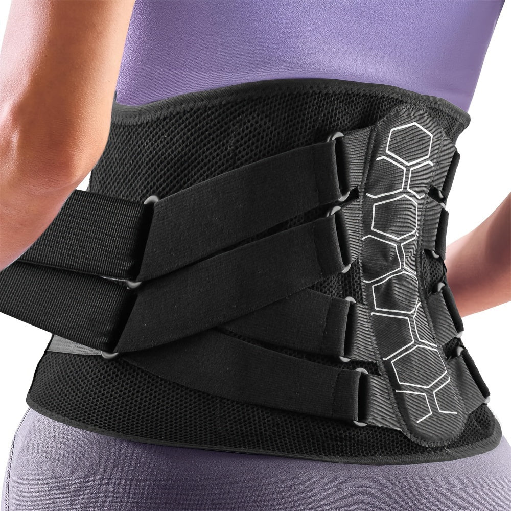 1pc Ergonomic Lumbar Support Belt with Breathable Mesh, Hexagonal Padding, Adjustable Straps - Black