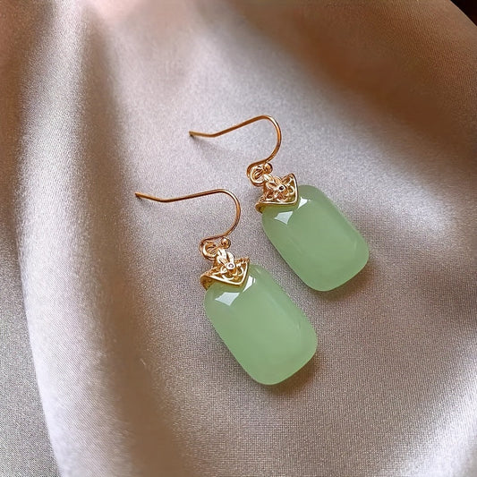 Elegant and Unique Natural Jade Square Earrings for Women, Featuring a Luxurious and High-End Design