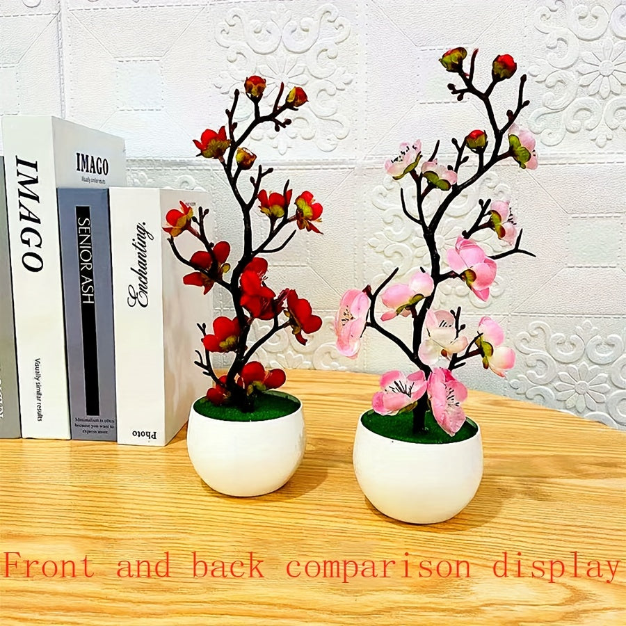 Artificial plum blossom bonsai for home or office decor, lifelike potted fake flower plant.